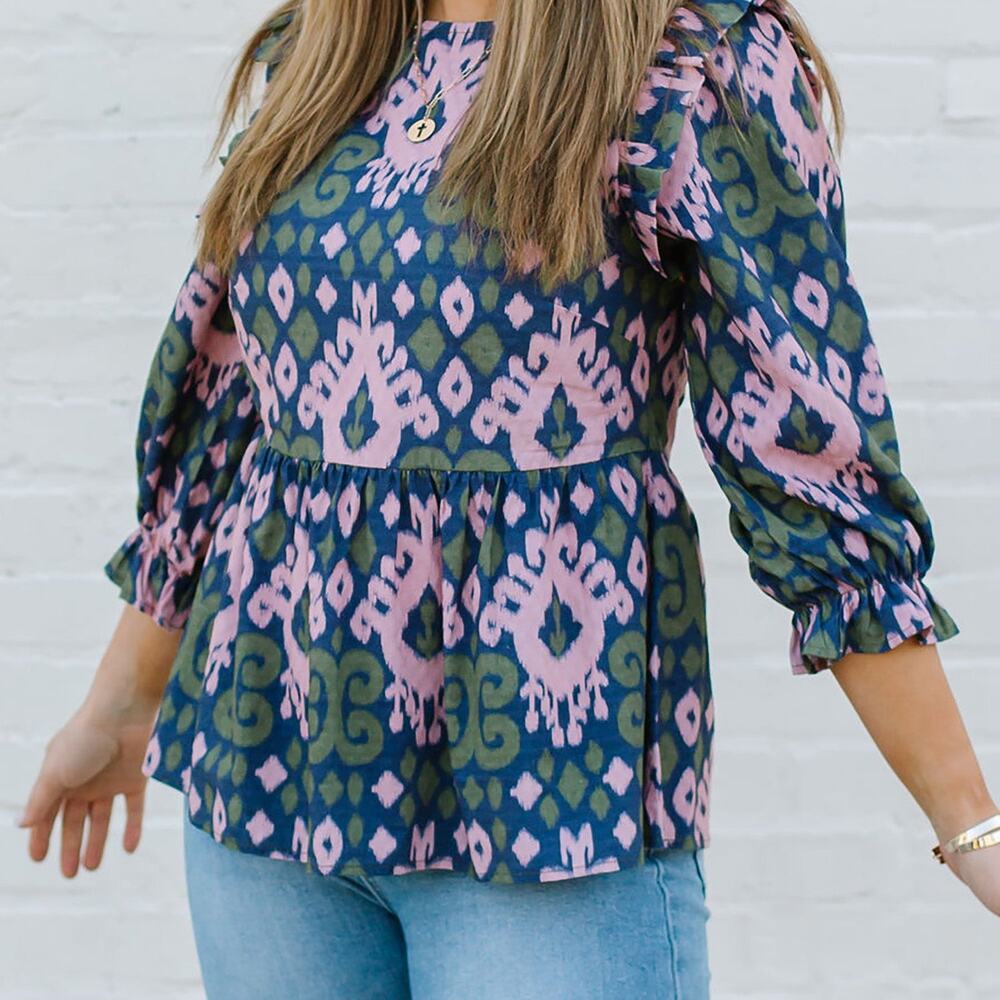 Michelle McDowell Smocked Top Blouse Green Pink Large